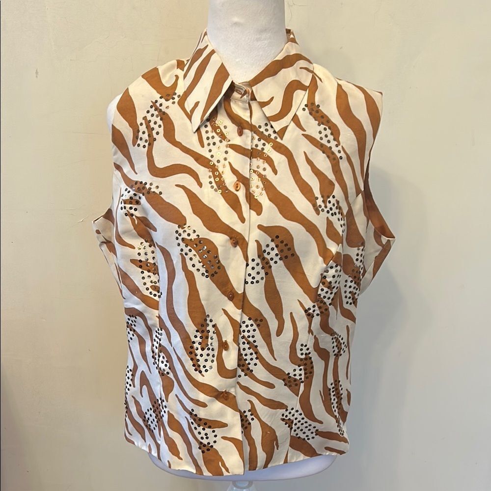 ICE Brown and White Button front Collared Sleeveless Blouse Size L EUC